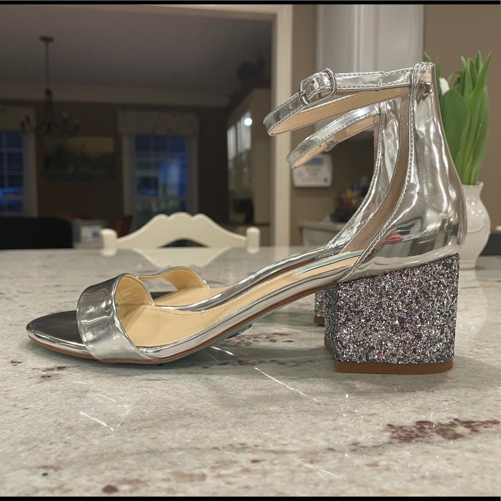 Betsey Johnson Silver Sparkle Mirrored Block Heel